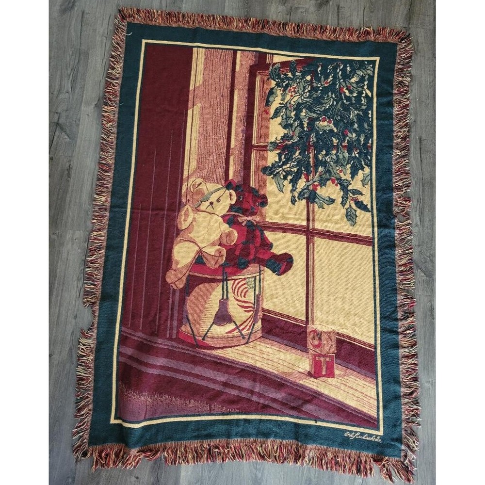 BOB TIMBERLAKE Triple Woven Tapestry Afghan Blanket Christmas Bears in Window